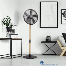 8712184055838 BESTRON DFS45WB DESIGN STATIEFVENTILATOR 45 CM ZWART EN HOUTKLEUR 50 WATT MODERN INTERIEUR